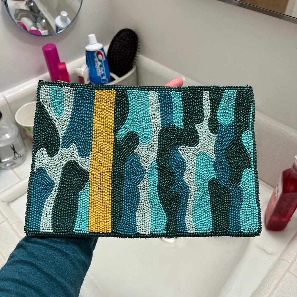 Ink and Alloy Beaded Teal & Yellow Women's Clutch Bag